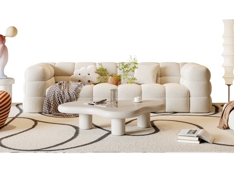 Modern Cream Style Sofa Coffee Table Combination Fabric Sofa Multi-person Sofa Casual Sofa Floor Lamp