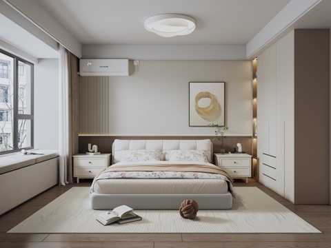 Modern Simple Home Bedroom Master Bedroom Second Bedroom Bay Window Bedroom Double Bed Bedside Table