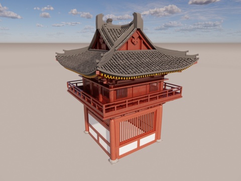 Cross Ridge Cross Top Double-layer Corner Tower Chinese Ancient Architecture Tang Style