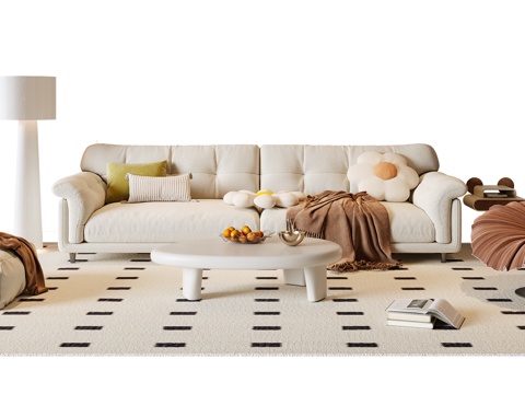 Modern Cream Style Sofa Coffee Table Combination Fabric Sofa Multi-person Sofa Casual Sofa Floor Lamp