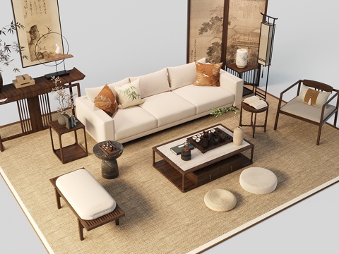 New Chinese Zen Sofa Combination Solid Wood Sofa Living Room Sofa Song Style Aesthetic Sofa Coffee Table Combination