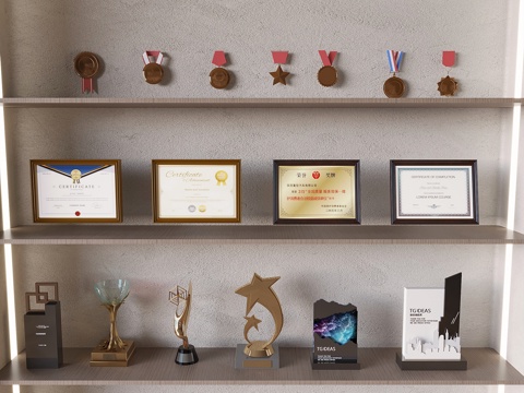 Trophies, medals, badges of honor, certificates of qualification, certificates of merit