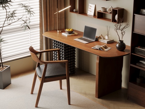 Mid-century Style Desk and Chair Solid Wood Computer Desk and Chair Writing Desk Learning Desk and Chair Solid Wood Chair Bookcase