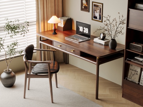 Mid-century Style Desk and Chair Solid Wood Computer Desk and Chair Writing Desk Learning Desk and Chair Solid Wood Chair Bookcase