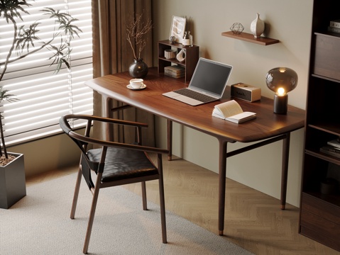 Mid-century Style Desk and Chair Solid Wood Computer Desk and Chair Writing Desk Learning Desk and Chair Solid Wood Chair Bookcase