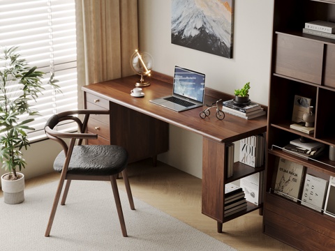 Mid-century Style Desk and Chair Solid Wood Computer Desk and Chair Writing Desk Learning Desk and Chair Solid Wood Chair Bookcase