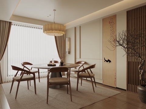 Song Style DiningRoom New Chinese Restaurant Round Dining Table and Chair Combination Chandelier Curtain Wall