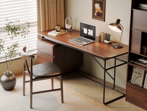 Mid-century Style Desk and Chair Solid Wood Computer Desk and Chair Writing Desk Learning Desk and Chair Solid Wood Chair Bookcase