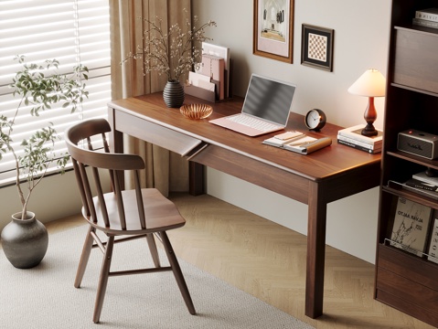 Mid-century Style Desk and Chair Solid Wood Computer Desk and Chair Writing Desk Learning Desk and Chair Solid Wood Chair Bookcase