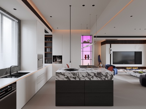 Modern minimalist black and white gray DiningRoom dining table island electrical cabinet chandelier refrigerator gas stove water drop faucet