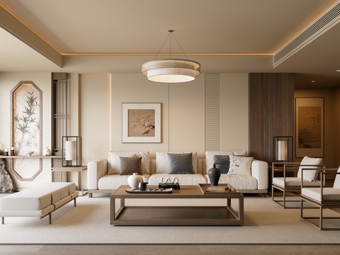 New Chinese Song Style Living Room Sofa Coffee Table Combination Lounge Chair Chandelier Hanging Picture