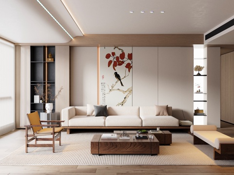Neo-Chinese Style Living Room Sofa Coffee Table Combination Green Plant Ornaments Table Lamp Wall