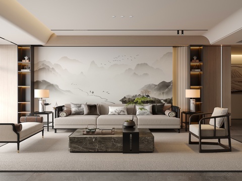 Neo-Chinese Style Living Room Sofa Coffee Table Combination Green Plant Ornaments Table Lamp Wall
