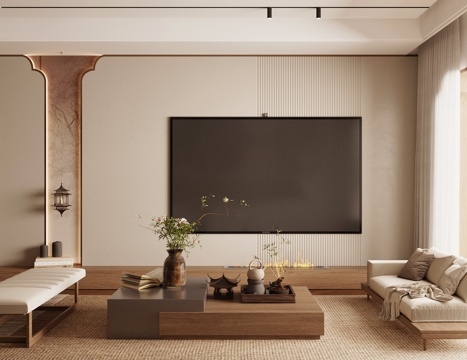 Neo-Chinese Style TV Wall Living Room Background Wall Song Style Aesthetic Background Wall Chinese Style Sofa Coffee Table
