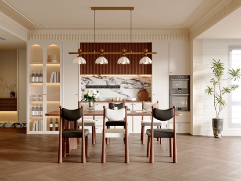 French Mid-century Style DiningRoom Dining Table and Chair Combination Sideboard Middle Style Chandelier Potted Plant