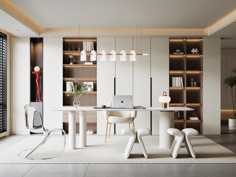 Modern Italian Study Decorative Bookcase Long Strip Chandelier Desk and Chair Combination Green Plant Potted Sculpture