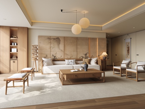 Song Style Aesthetics Living Room New Chinese Zen Style Living Room Song Style Sofa Coffee Table Combination Song Style Chandelier Table Lamp