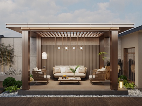 New Chinese-style Courtyard Corridor Gazebo Pavilion Outdoor Sofa Seat Plant Pile Landscape Plants