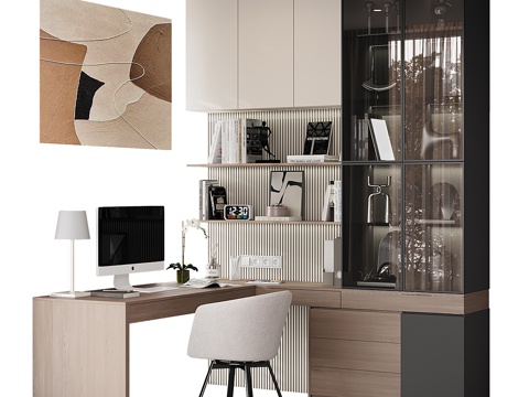 Modern Italian Minimalist Bookcase Desk and Chair