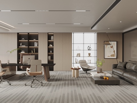 Modern General Manager's Office Chairman's Office Office Chair Leather Sofa Coffee Table Bookcase