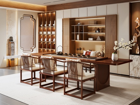 Neo-Chinese Style Song Tea Room Tea Cabinet Wall New Chinese Style Partition Tea Table and Chair