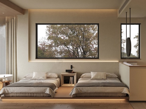 Quiet Style Homestay Guest Room Double Room Single Bed Bathtub Bathroom Bedding