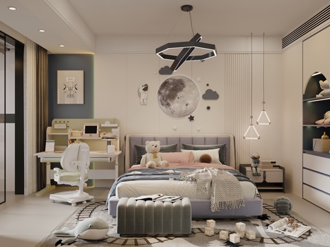 Modern Cream Style kids Bedroom Boy's Room Study Table and Chair Combination kids Bed Children's Bedroom Wardrobe