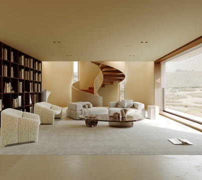 Modern Shanghai Style Affordable Luxury Style Style Living Room Revolving Stairs to Living Room Bookcase Western Kitchen DiningRoom
