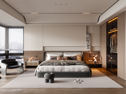 Modern Italian Bedroom Fabric Double Bed Bedside Cabinet Chandelier Lounge Chair Carpet