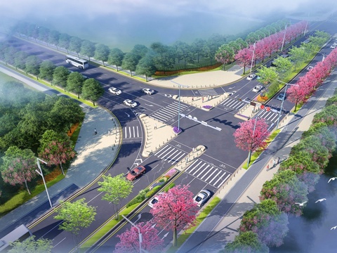 Modern municipal road T-junction bird's-eye road sign line project