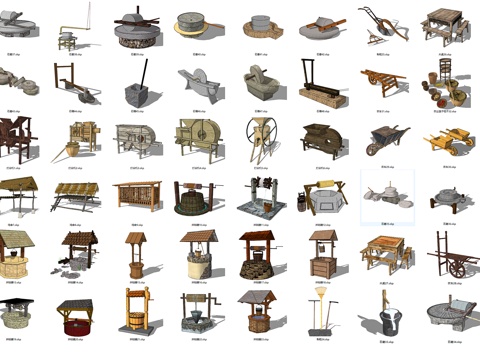 Chinese-style country farming tools farmhouse threshing machine well wheel plow rake wooden table basket frame