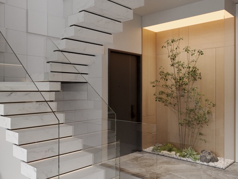 Modern stair glass handrail landscaping