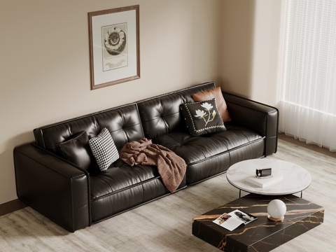 Sofa Retro Style Multi-Person Sofa Leather Sofa Coffee Table Hanging Picture