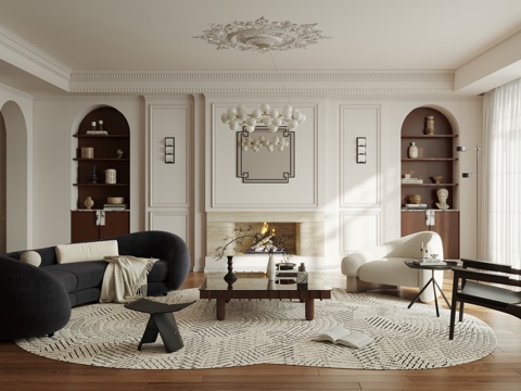 French retro style living room horizontal hall large flat high gray living room