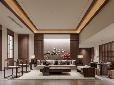 New Chinese Living&Dining Room Basement Living Room Basement Garden Tea Room Sofa Coffee Table Combination