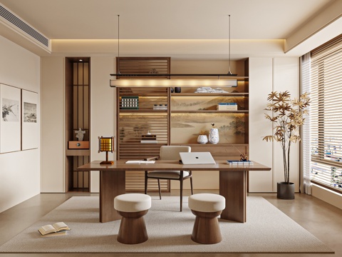 Neo-Chinese Style Study Song's Study Desk Chair Bookcase