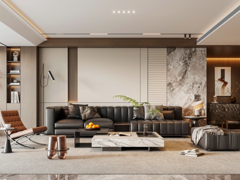 Italian Affordable Luxury Style Home Living Room Black Leather Sofa Coffee Table No Main Lamp High Grade Grey Living Room