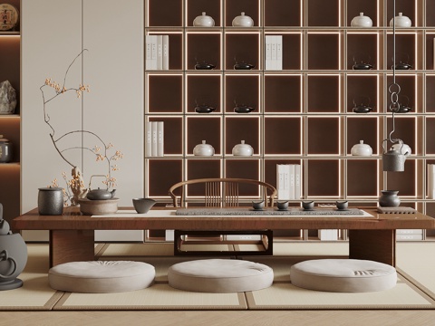 New Chinese Tatami Tea Room Tatami Tea Table and Chair Tea Cabinet Cushion Tea Set Hanging Teapot