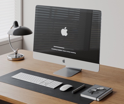 modern computer desktop computer apple computer imac keyboard mouse desk lamp