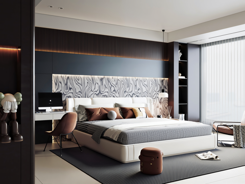 Modern Italian Bedroom Double Bed Bedside Table Desk Wardrobe Beanbag Italian Background