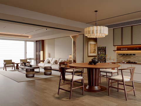 Neo-Chinese Style Song Style Fengke DiningRoom Round Table Sideboard Dining Table and Chair Sofa Coffee Table Combination Chandelier