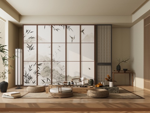 New Chinese Tatami Tea Room Tea Room Tea Table and Chair Combination Chinese Screen