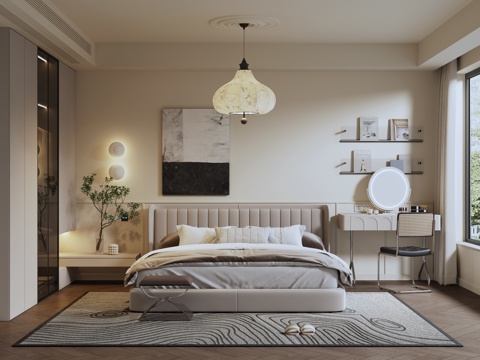 -Ji Cream Style Home Bedroom Master Bedroom Second Bedroom Bay Window Bedroom Double Bed Wardrobe