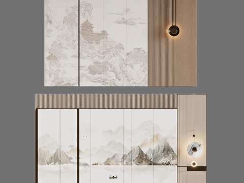 Wall New Chinese background wall Bedside background wall