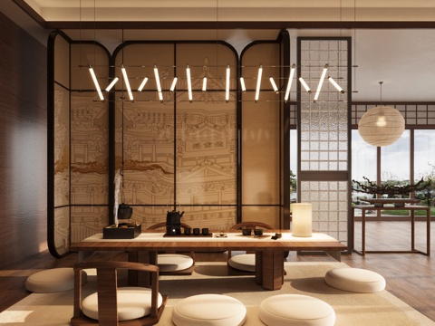New Chinese Tea Room Tatami Tea Room Tea Table and Chair Combination Middle Ancient Screen
