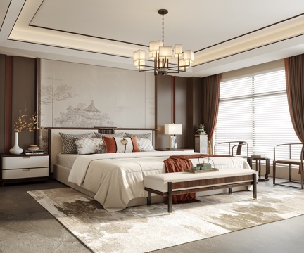 Neo-Chinese Style Bedroom Bed End Stool Bedroom Chandelier Bedside Cabinet