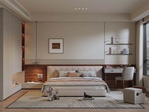 -Ji Cream Style Home Bedroom Master Bedroom Second Bedroom Bay Window Bedroom Double Bed Wardrobe