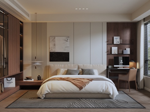 -Ji Cream Style Home Bedroom Master Bedroom Second Bedroom Bay Window Bedroom Double Bed Wardrobe
