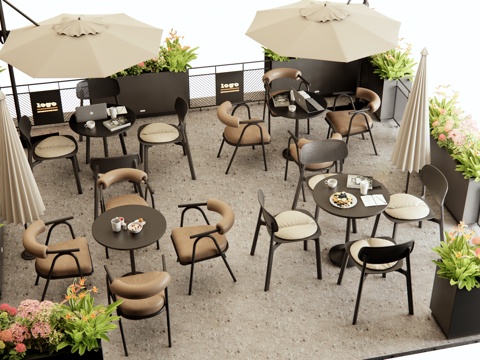 Modern Commercial Outside Area Coffee Shop Outside Outdoor Tables and Chairs Flower Box Fence Negotiation Tables and Chairs