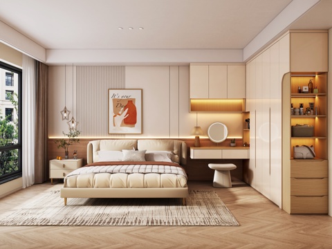 Modern Bedroom Double Bed Hanging Painting Custom Wardrobe Dressing Table Mirror Carpet Bedside Table